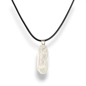 Clear quartz necklace, raw crystal point on wax cord, view 2