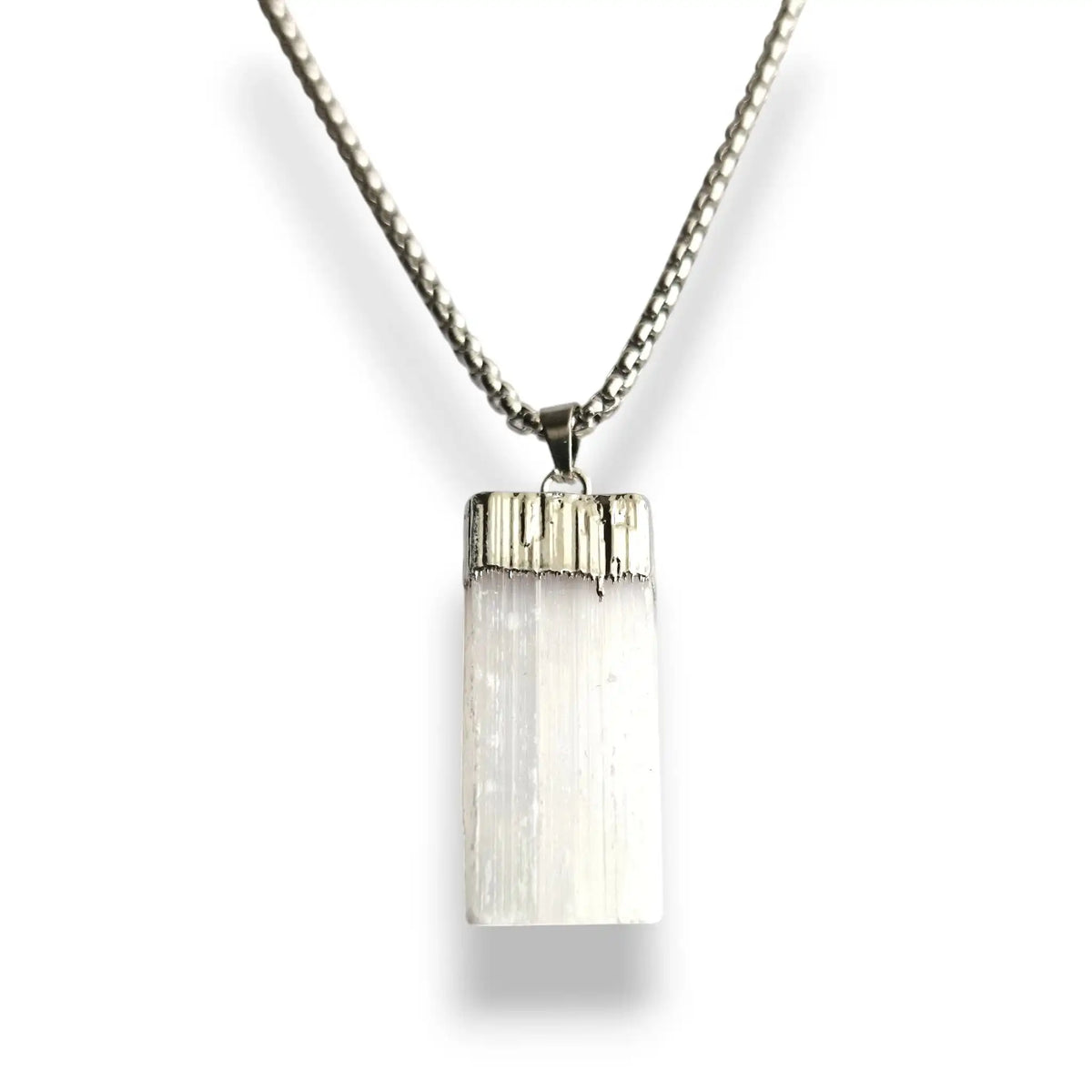 Selenite pendant necklace on brass chain, view 2