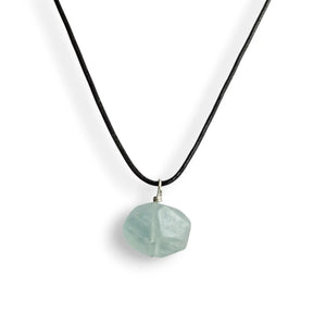 Aquamarine necklace, faceted crystal on wax cord, view 2