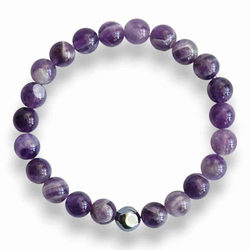 Handmade purple amethyst beaded bracelet with silver Hematite cube on stretch cord