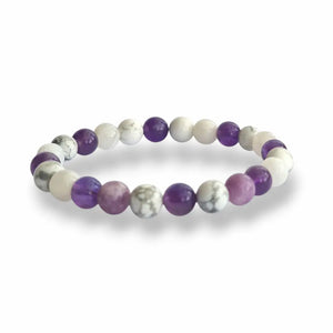 Amethyst and moonstone gemstone bracelet in soft cool tones, 8mm