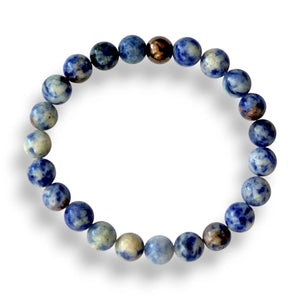 Brazilian sodalite beaded bracelet, royal blue and white 8mm beads on a stretch cord, 7.5 inch, view 2