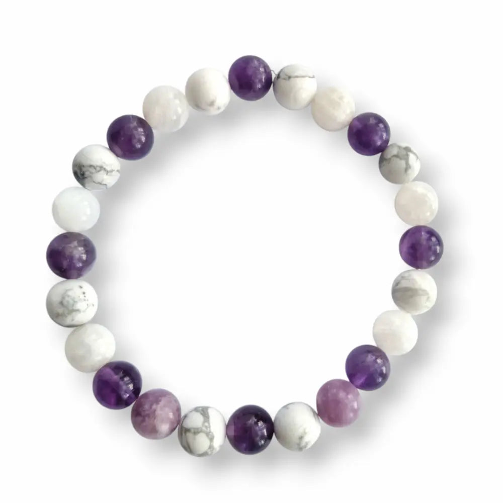 Amethyst and moonstone gemstone bracelet, soft cool tones, view 2