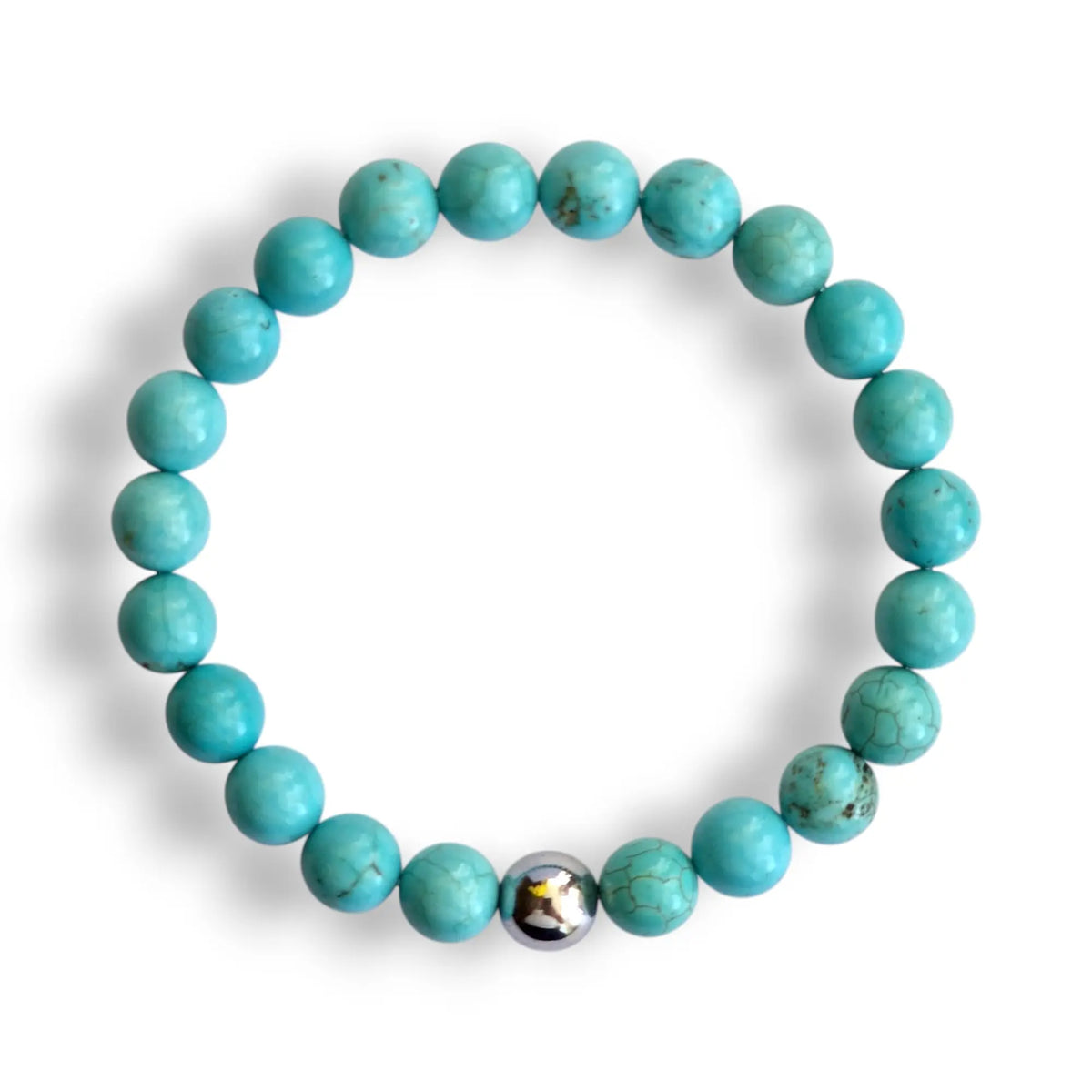 Turquoise howlite beaded bracelet with soft blue 8mm beads and one silver hematite accent bead