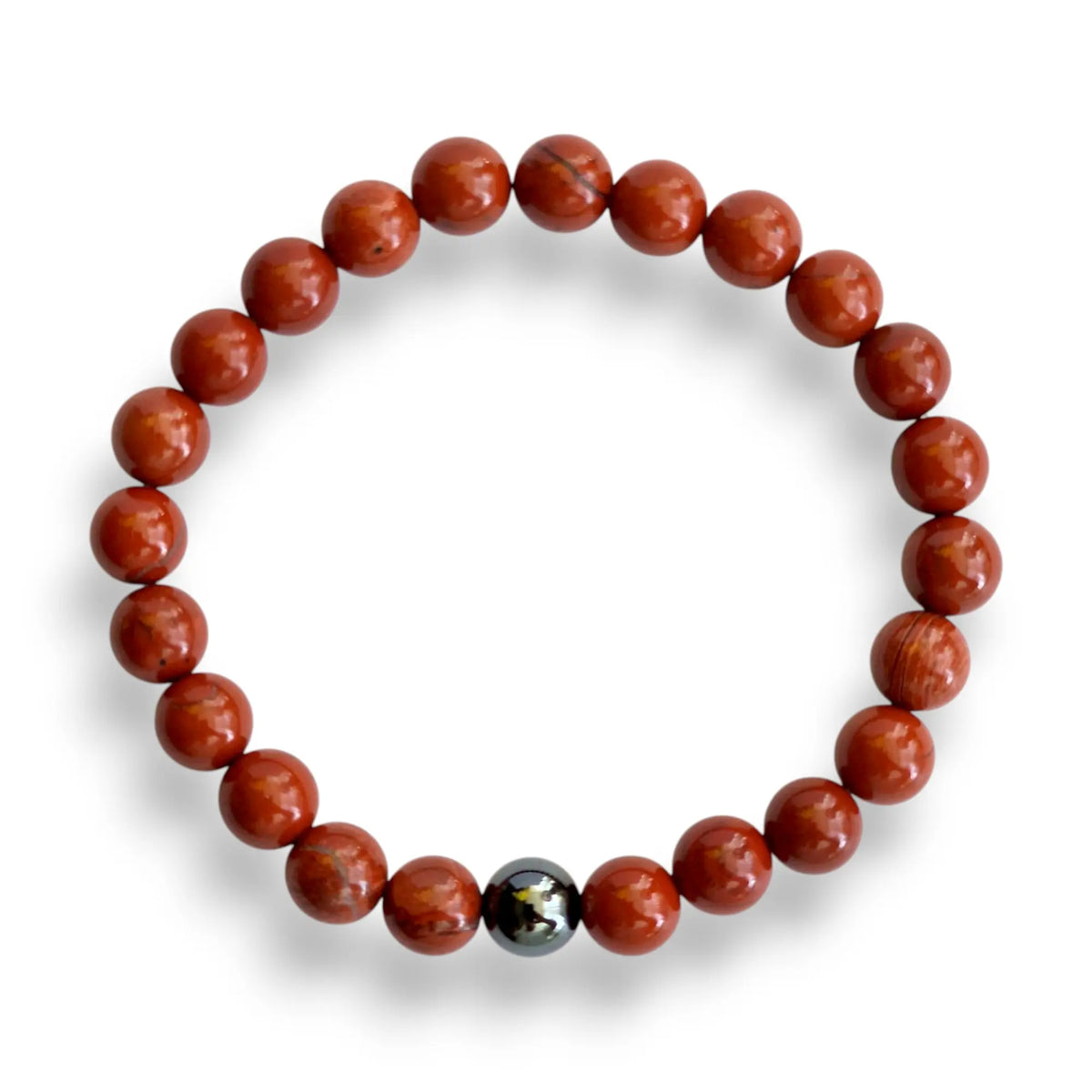 Red jasper and hematite beaded bracelet on a stretch cord, 7.5 inch, view 2