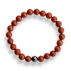 Red jasper and hematite beaded bracelet on a stretch cord, 7.5 inch, view 2