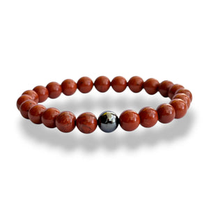 Red Jasper beaded bracelet with brick red 8mm beads and one magnetic hematite accent bead