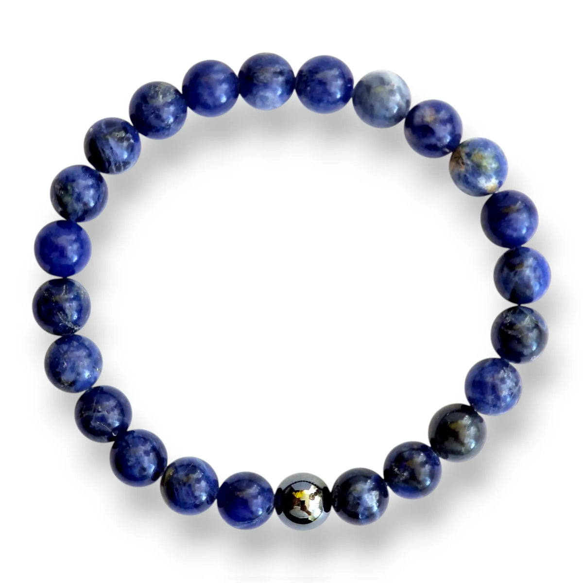 Sodalite beaded bracelet with royal blue 8mm beads and one magnetic hematite accent bead