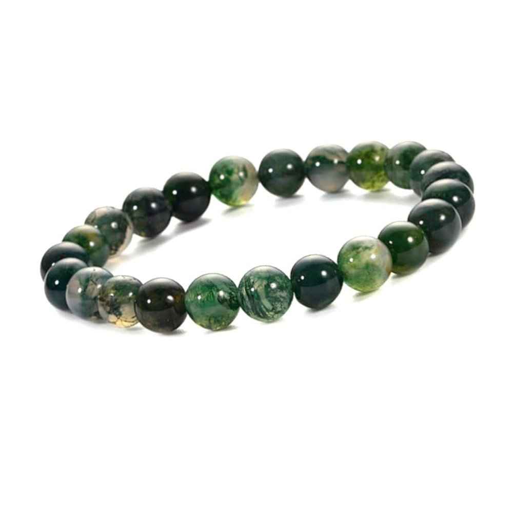Moss agate beaded bracelet, green moss inclusions, view 2
