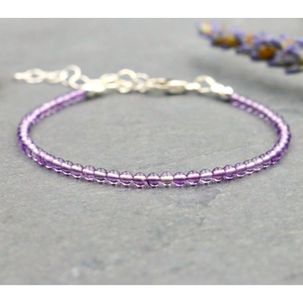 Dainty faceted amethyst bracelet, silver chain, view 2
