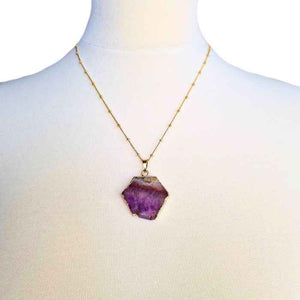 Raw amethyst slice pendant necklace, 14k gold-plated chain, view 2