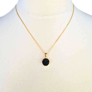 Black druzy agate pendant necklace, gold-plated chain, view 2