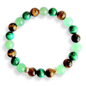 Malachite and green aventurine gemstone bracelet, green and gold tones, view 2
