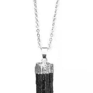 Raw black tourmaline pendant necklace, sterling silver chain, view 2