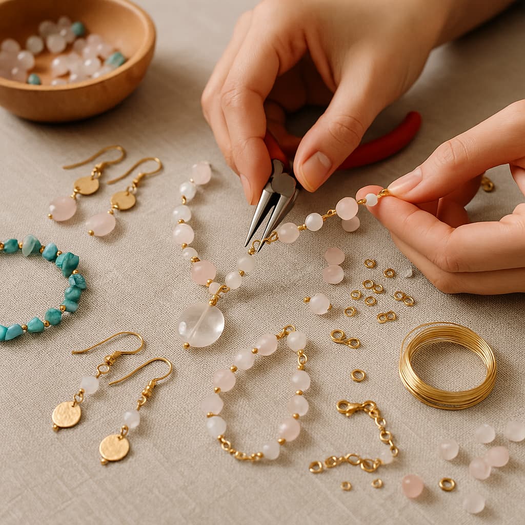 Jewellery making tools and materials for rose quartz necklaces and earrings