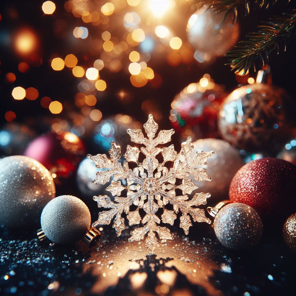 Christmas snowflake ornament surrounded by colourful baubles and festive lights