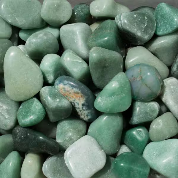 Natural Aventurine crystals and jewellery, soft green with a subtle shimmer