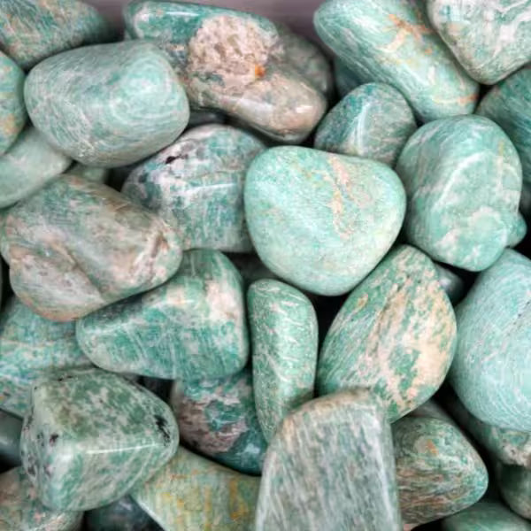Natural Amazonite crystals and jewellery, soft blue-green
