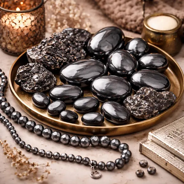 Natural Hematite crystals and jewellery, metallic silver-grey
