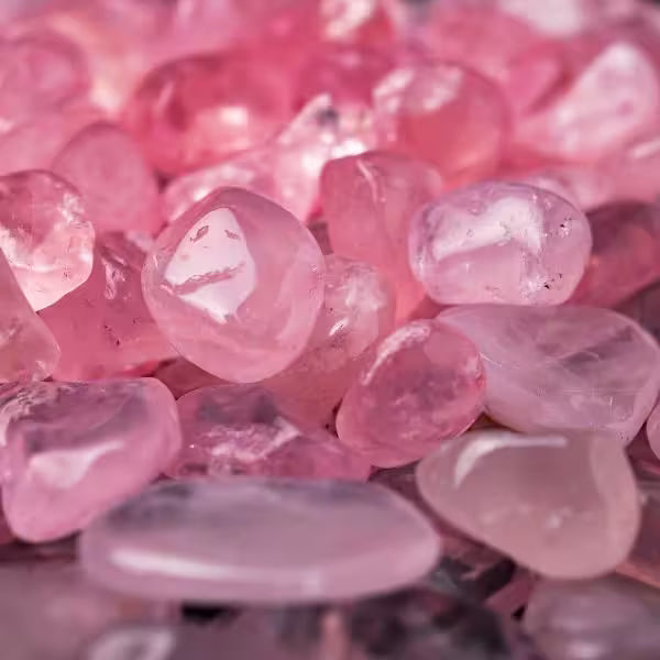 Natural Rose Quartz crystals and jewellery, soft blush to deep pink