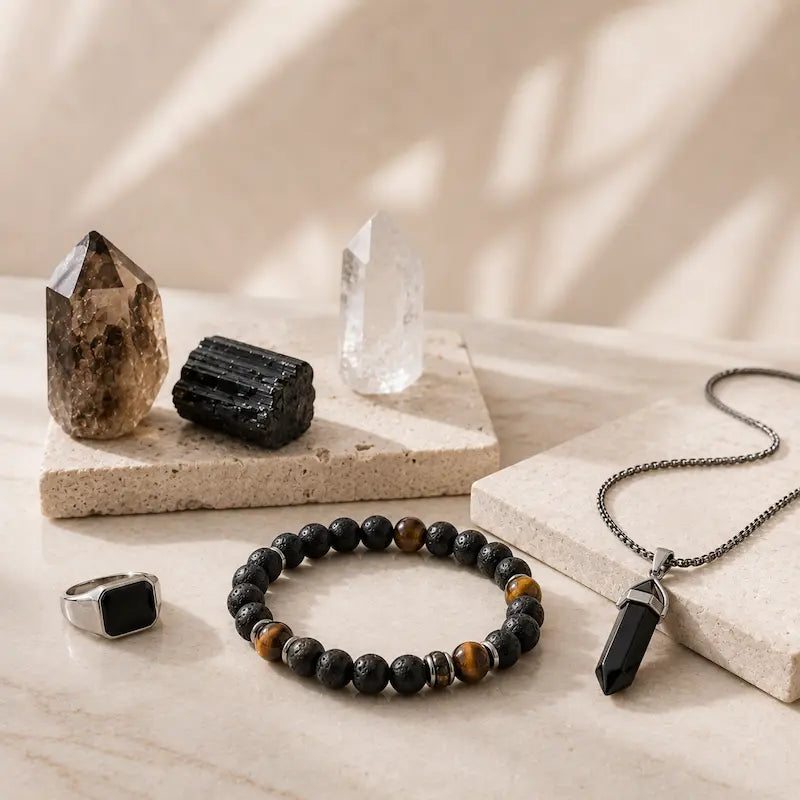 Men's crystal jewellery, dark natural stone bracelets in onyx, tiger's eye and black tourmaline, Crystals Healing UK