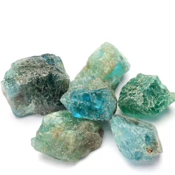 Natural Apatite crystals and jewellery, vivid blue-green to teal