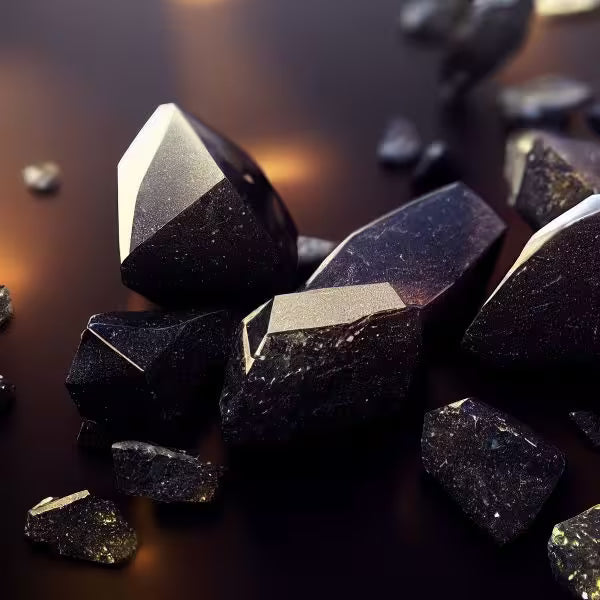 Natural Black Obsidian crystals and jewellery, glossy jet black