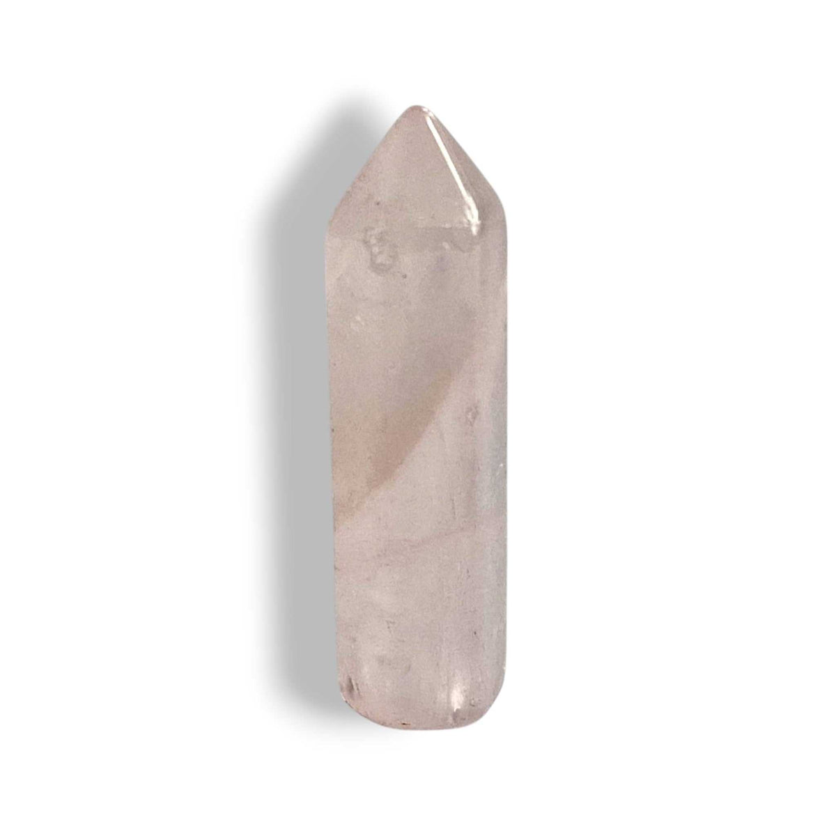 Rose quartz crystal point, natural polished pink stone