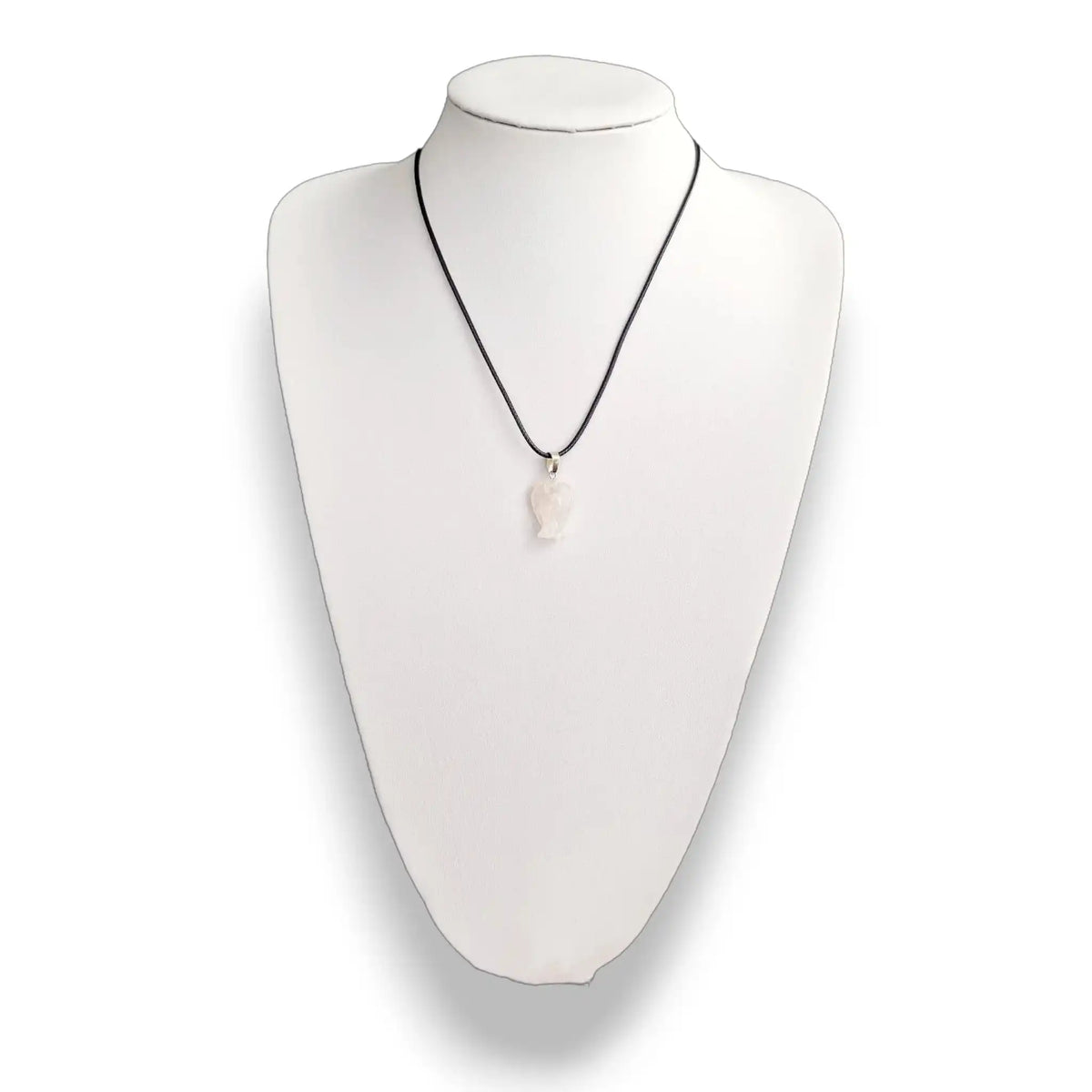 Rose quartz angel pendant necklace on a wax cord