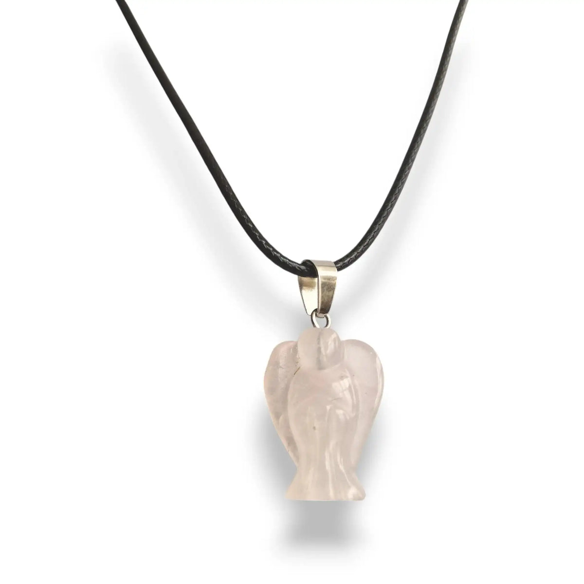 Rose quartz angel necklace on wax cord, view 2