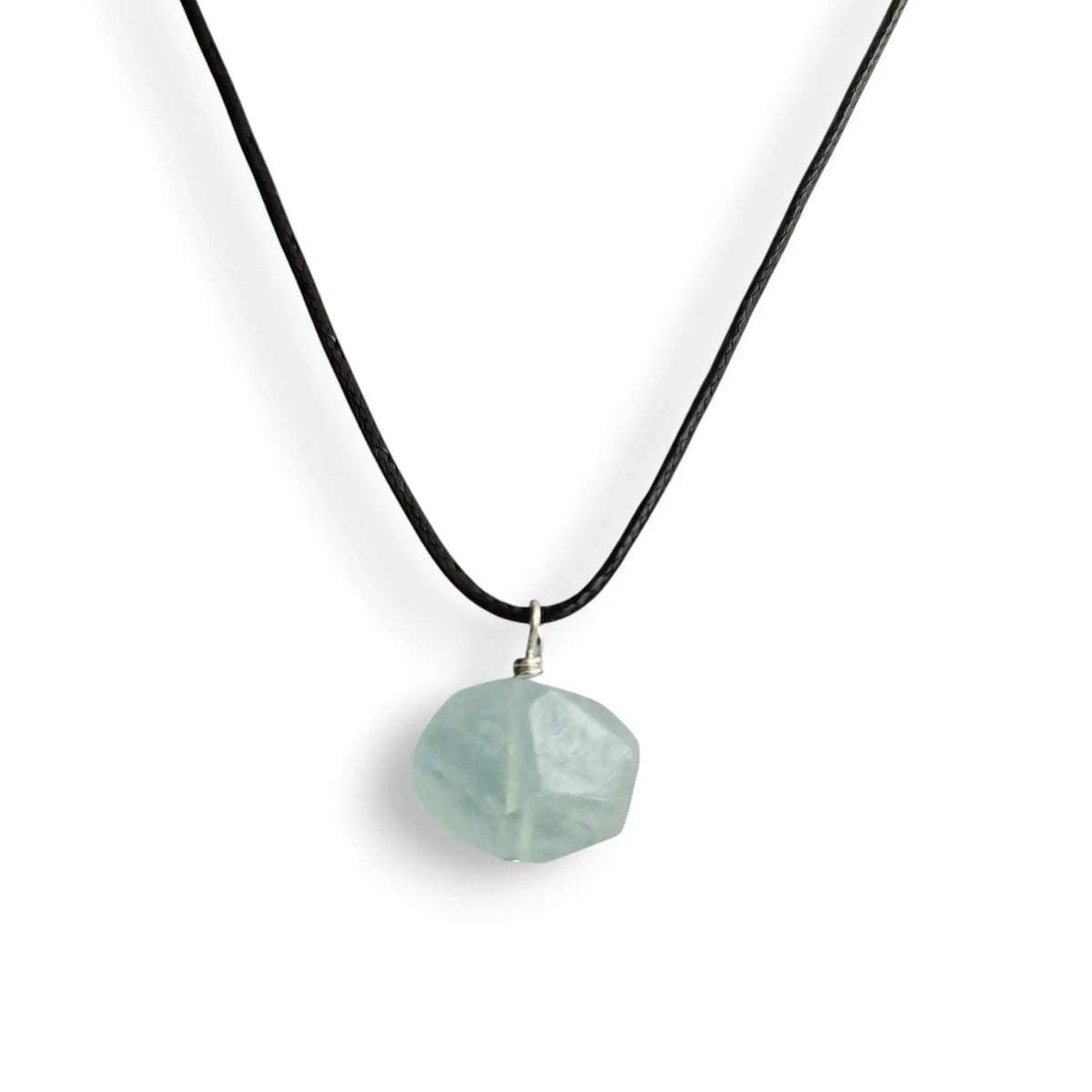 Aquamarine necklace, faceted crystal on wax cord, view 2