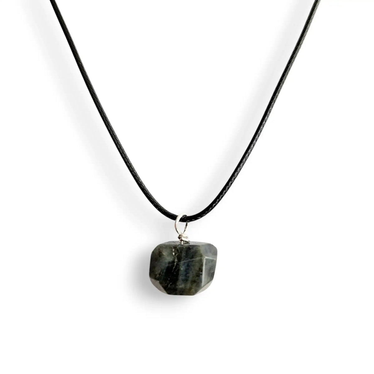 Labradorite necklace, faceted crystal on wax cord, view 2