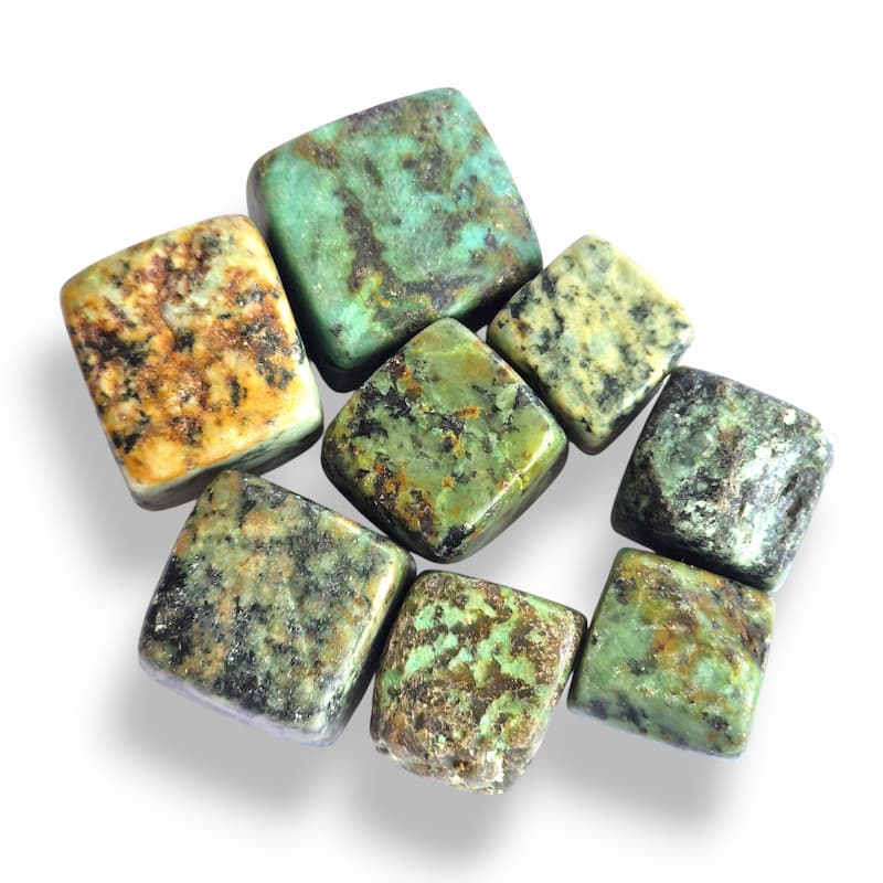 African turquoise polished cube tumblestone, mottled green with dark matrix
