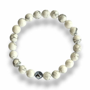 White howlite and hematite beaded bracelet, white and grey, view 2