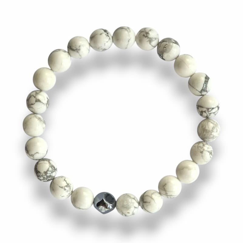 White howlite and hematite beaded bracelet, white and grey, view 2