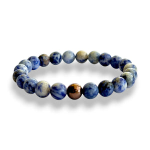 Brazilian Sodalite beaded bracelet with blue and white 8mm beads and one copper hematite accent bead