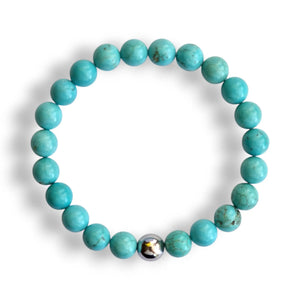 Turquoise howlite beaded bracelet with soft blue 8mm beads and one silver hematite accent bead