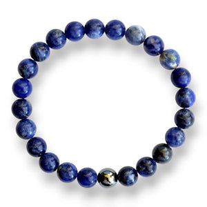 Sodalite beaded bracelet with royal blue 8mm beads and one magnetic hematite accent bead