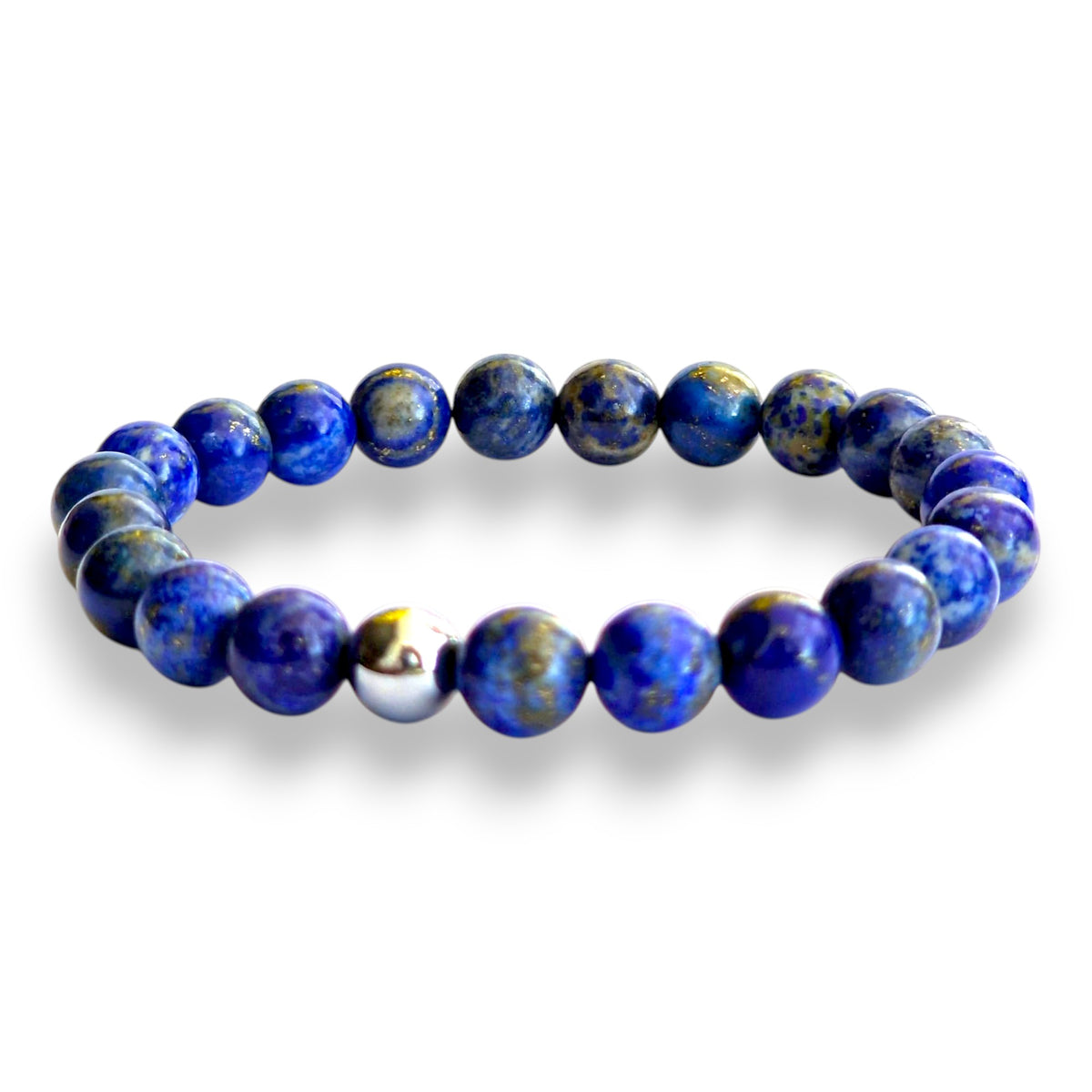 Lapis lazuli and hematite beaded bracelet with golden pyrite flecks on a stretch cord, 7.5 inch, view 2