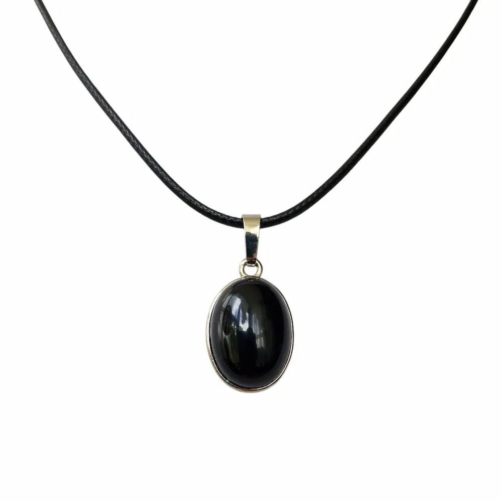 Black obsidian pendant necklace, adjustable wax cord, view 2