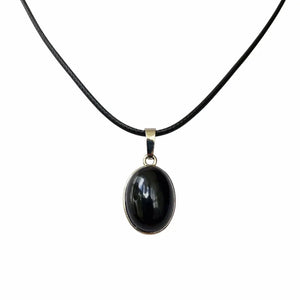 Black obsidian pendant necklace, adjustable wax cord, view 2