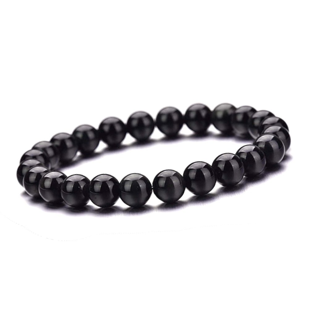 Black obsidian beaded bracelet, glossy black, view 2