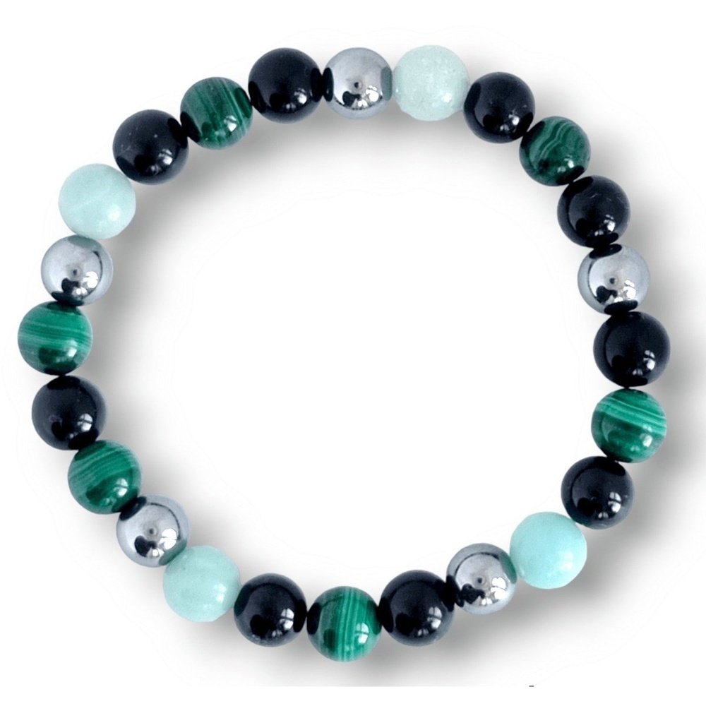 Men's dark gemstone bracelet, obsidian and hematite, view 2
