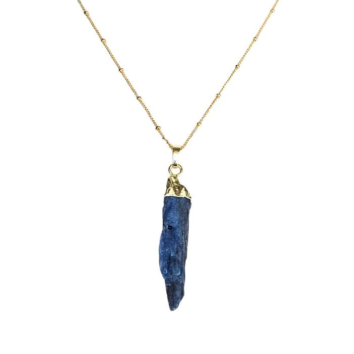 Raw blue kyanite pendant necklace on a gold-plated chain