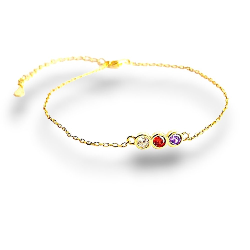 Dainty bracelet in gold-plated sterling silver with amethyst, pink tourmaline and a lab-created ruby accent