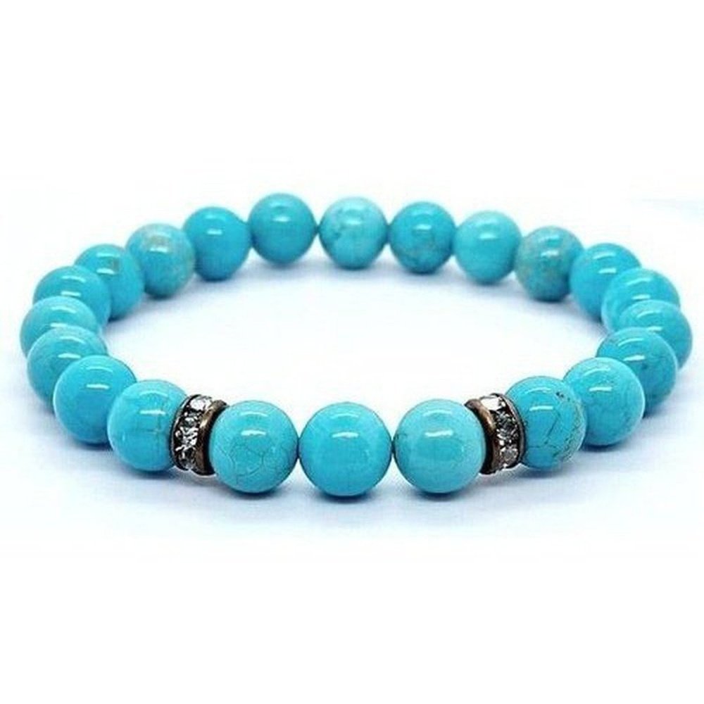 Turquoise howlite beaded bracelet with bright blue 8mm beads and two rhinestone rondelles