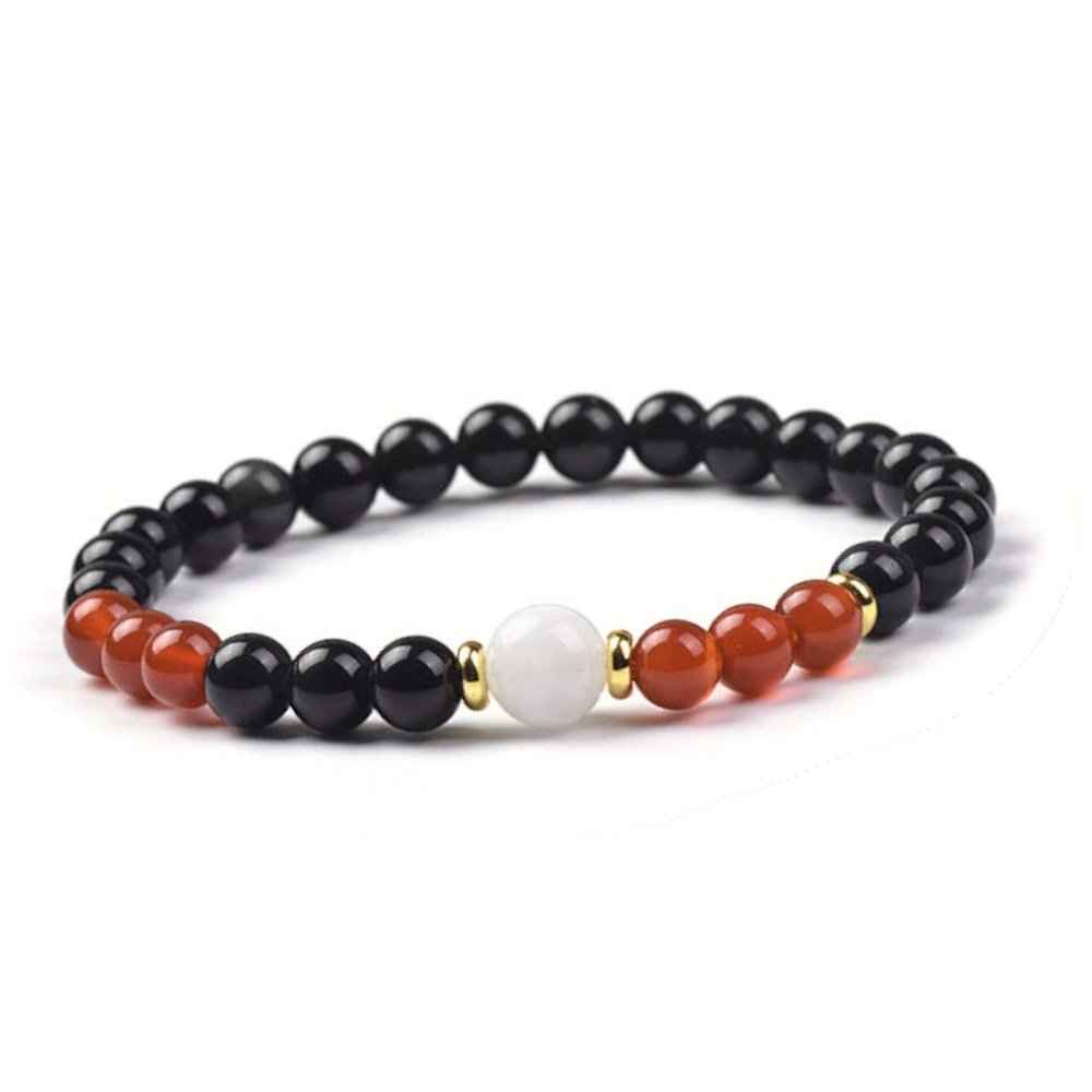 Black obsidian and carnelian beaded bracelet, black and orange, view 2