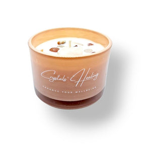 Vanilla and sandalwood soy wax candle with a natural crystal, hand-poured