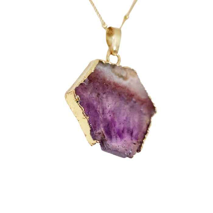 Raw amethyst slice pendant necklace, 14k gold-plated chain, view 3