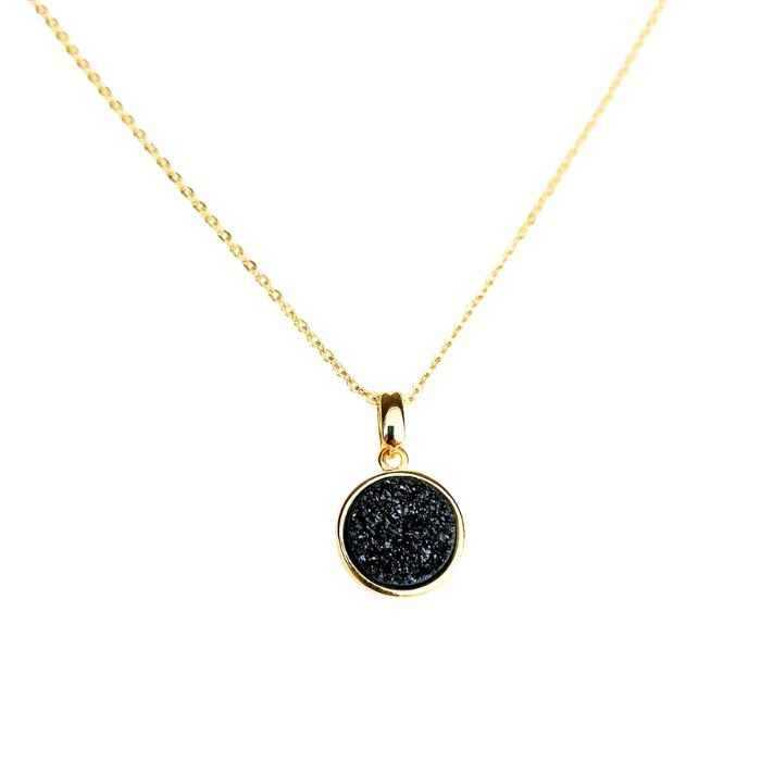 Black druzy agate pendant necklace on a gold-plated chain, 16 inch